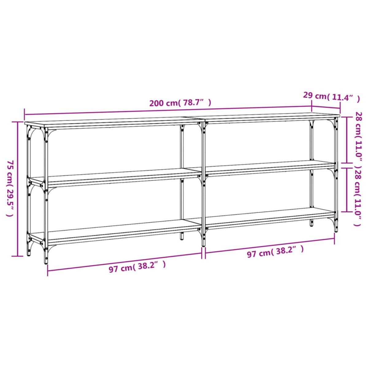 vidaXL Stolik konsolowy Sonoma Oak 200x29x75 cm Drewno konstrukcyjne