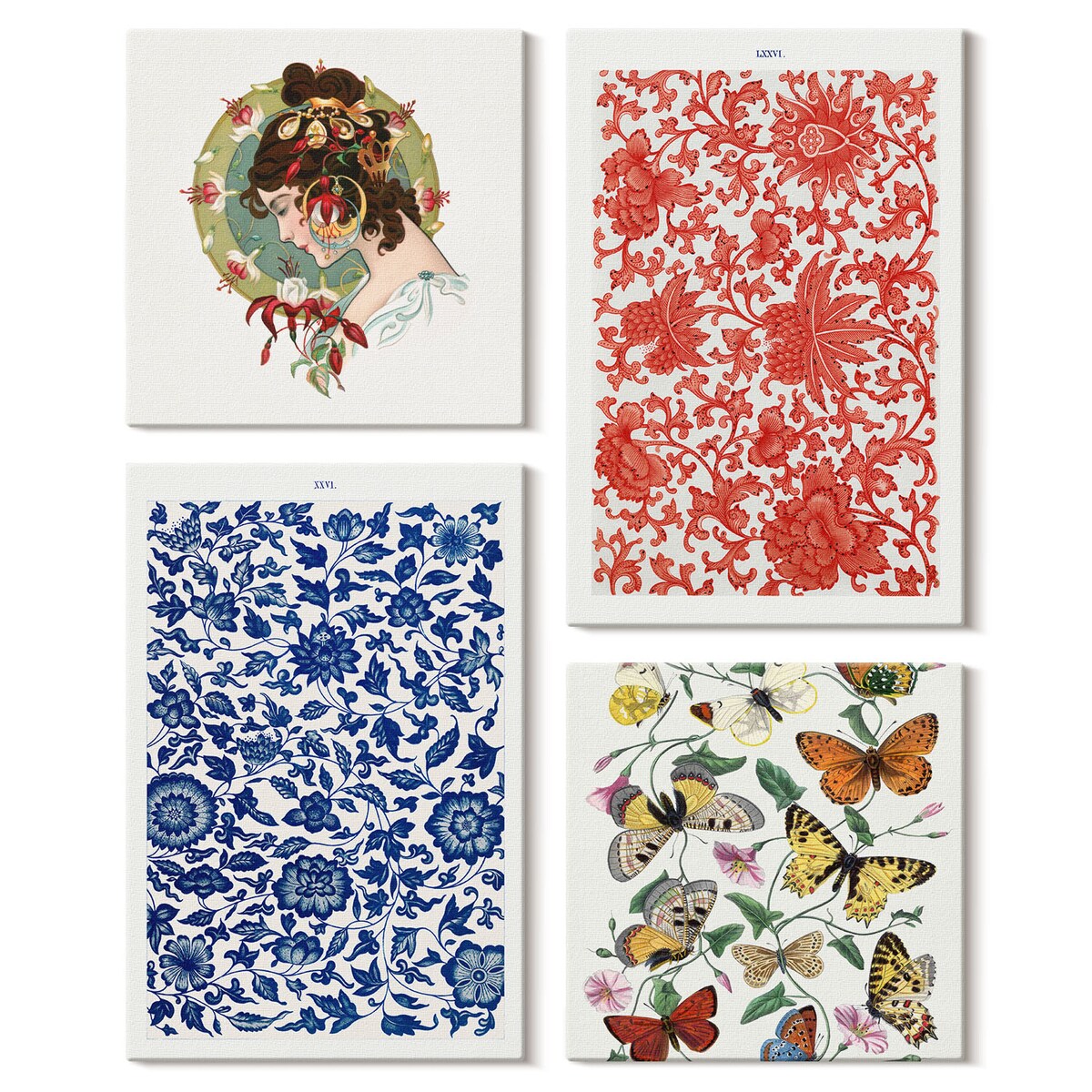 Zestaw 4 obrazów na płótnie - Vintage kwiaty motyle ornamenty - wielokolorowy