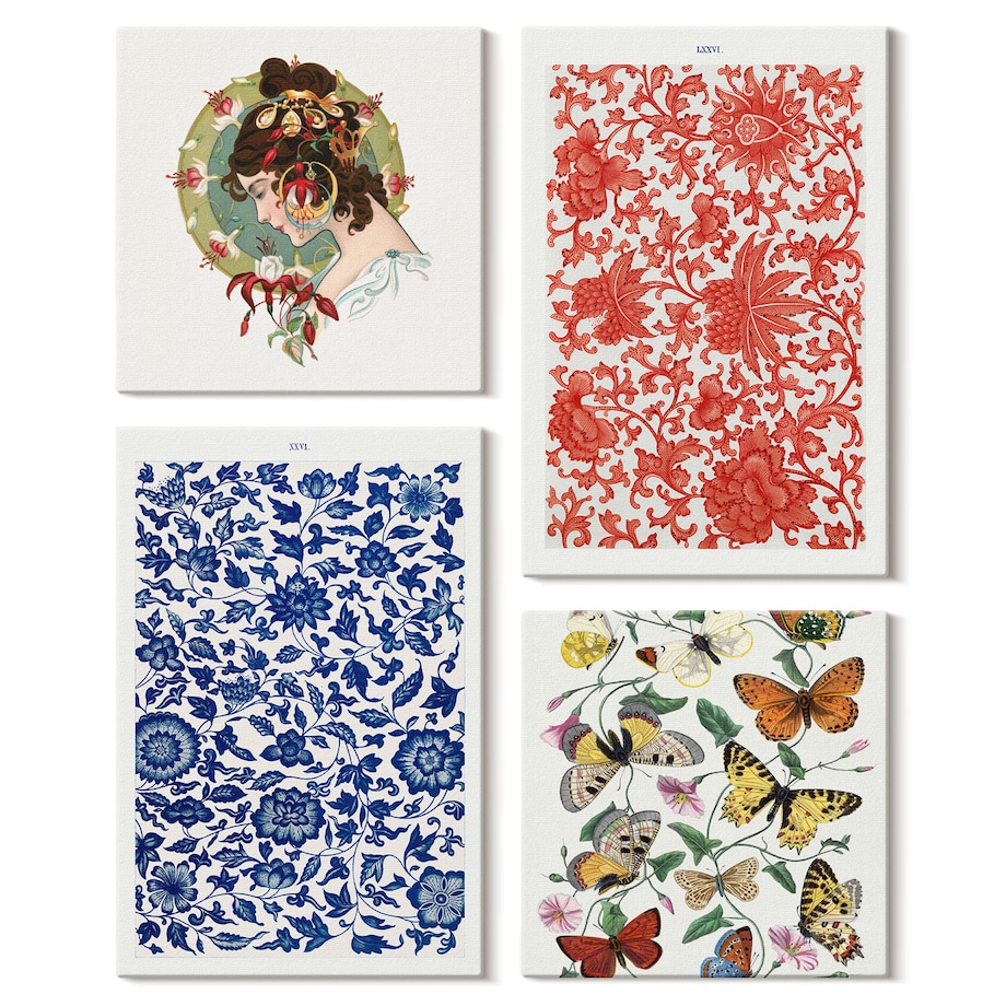 Zestaw 4 obrazów na płótnie - Vintage kwiaty motyle ornamenty - wielokolorowy