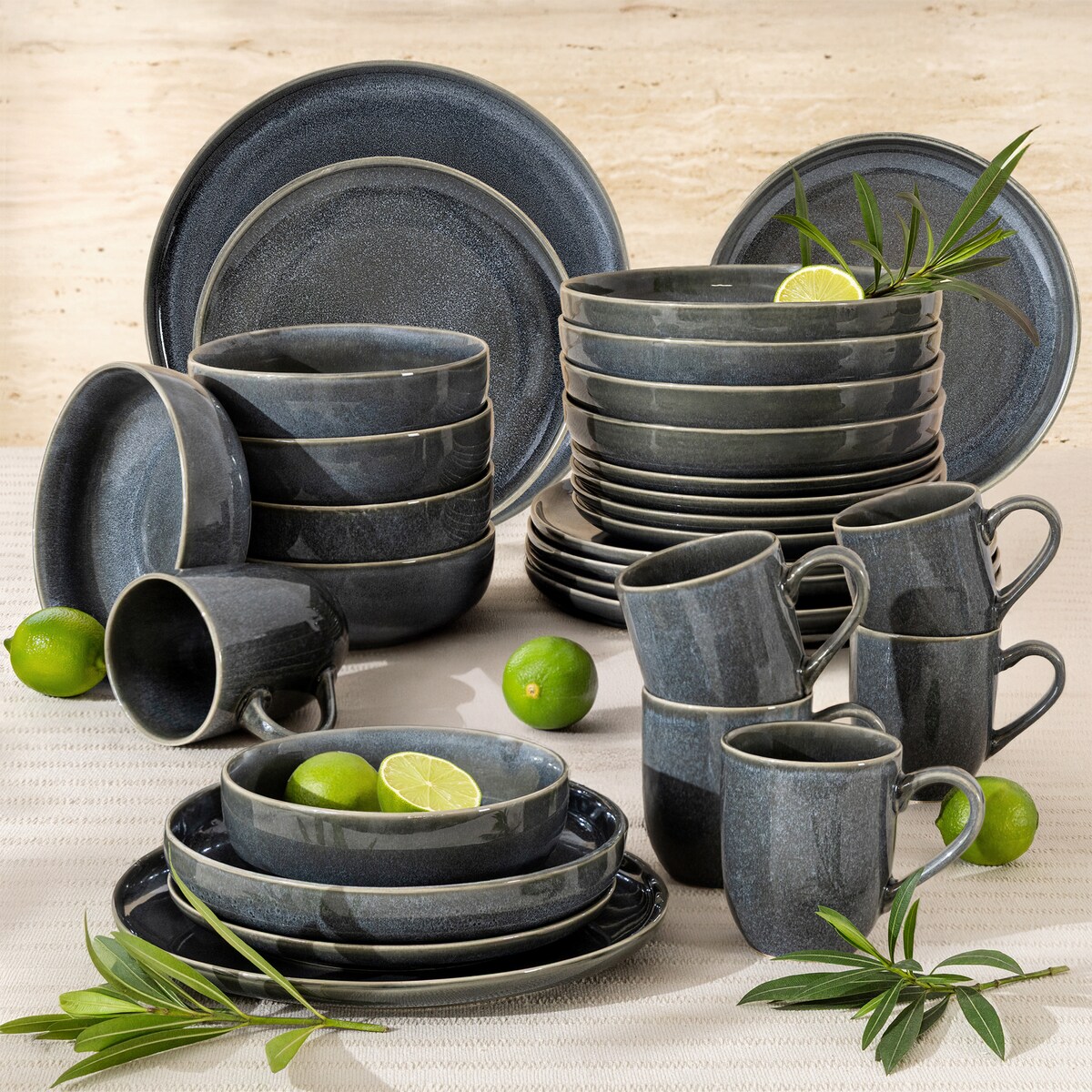 EDA Zestaw obiadowy 6 os. (30 el.), niebieski/szary/beżowy