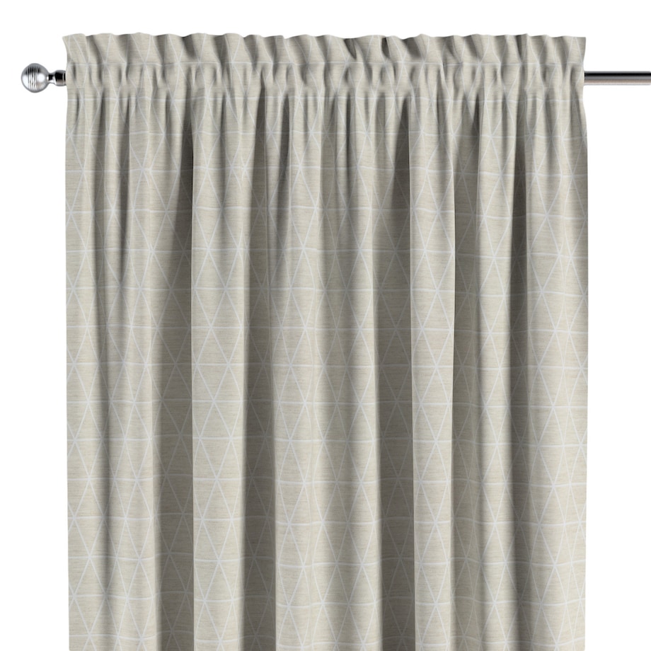 Zasłona na kanale z grzywką 1 szt. 130x245 trójkąty na beżowo-lnianym tle