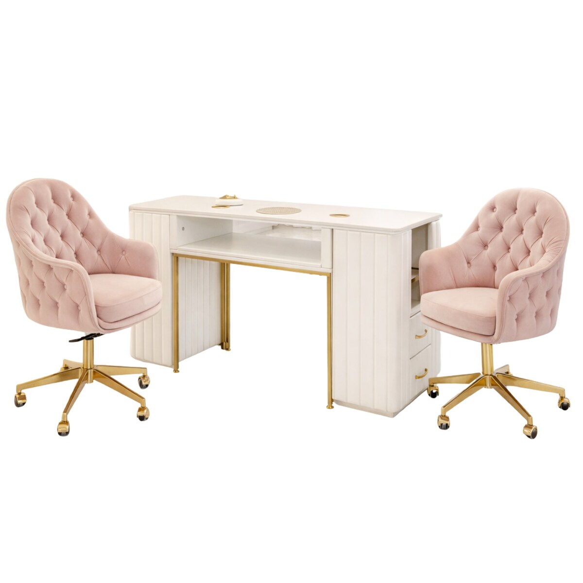 Biurko kosmetyczne z otworem na pochłaniacz biało-złote 130x45x78