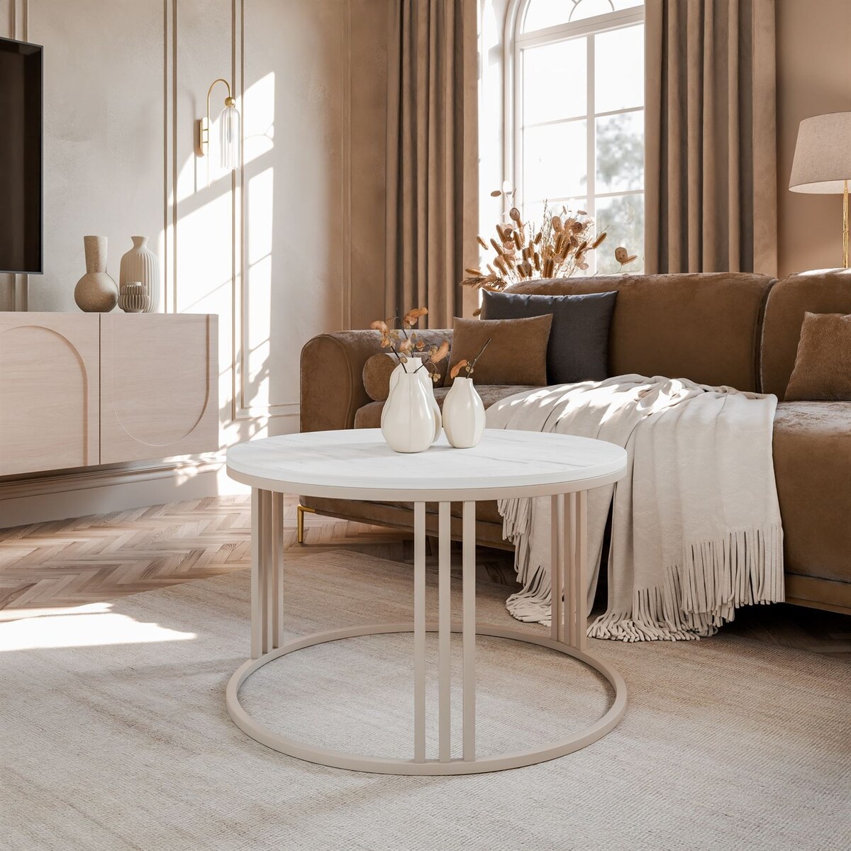 Okrągły stolik kawowy LORI MAT, kaszmirowy stelaż, blat Marmur Levanto