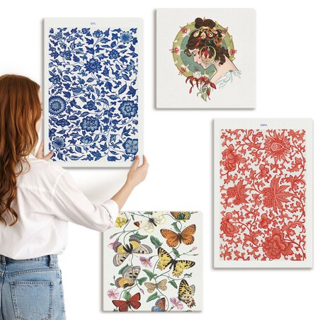 Zestaw 4 obrazów na płótnie - Vintage kwiaty motyle ornamenty - wielokolorowy