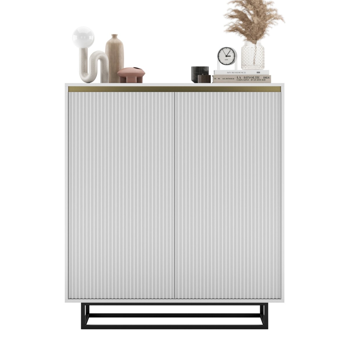 Komoda Glamour Szafka RTV Biały MAT ryflowane fronty czarny stelaż 110,8 cm