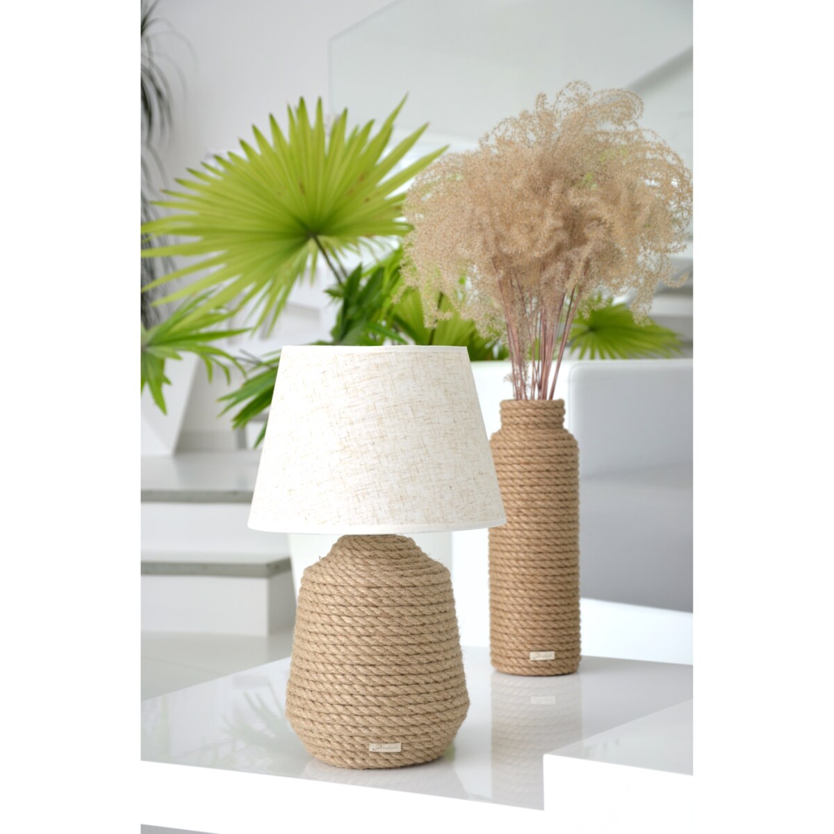 BOHO B39 Lampka stołowa h 39 cm Boho naturalny sznurek jutowy pleciony * styl etno skandi skandynawski* lampka nocna biurkowa * lniany abażur + juta