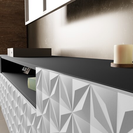 Szafka RTV ALI 200 cm, stojąca ,z ozdobnymi frontami do salonu- frot biały