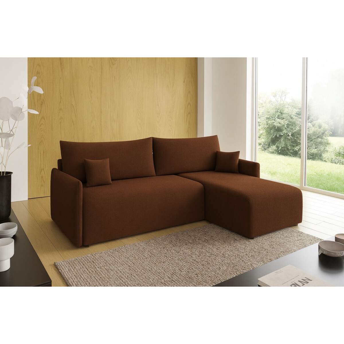 Narożnik z funkcją spania VALIA i pojemnikiem na pościel, ceglasty