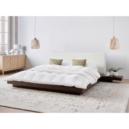 Łóżko z LED ekoskóra 160 x 200 cm ciemne drewno ZEN