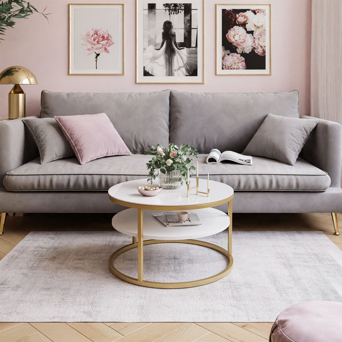 Stolik kawowy CIRI SLIM z półką złoty białe szkło