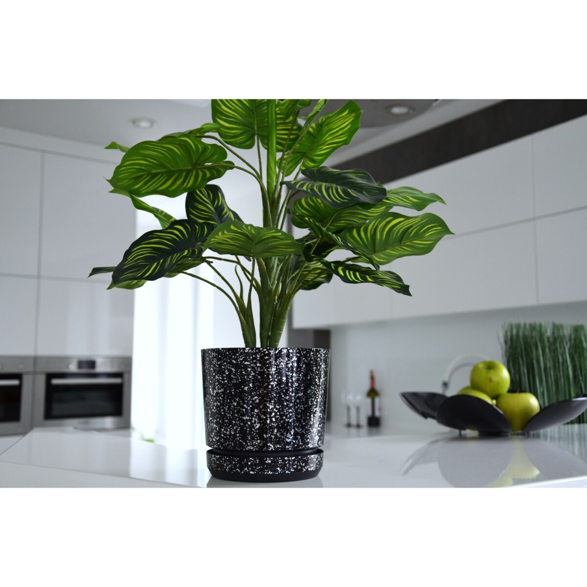 16 cm wzór CZARNY MARMUR Doniczka z podstawką piękne lustrzane drobinki srebrne elementy elegancka