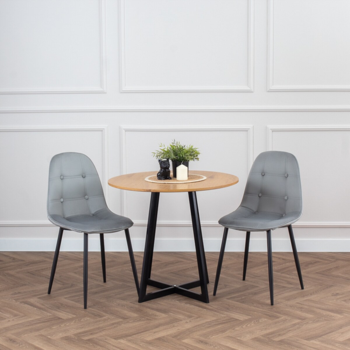 Krzesło tapicerowane welurowe pikowane do salonu jadalni szare z guzikami