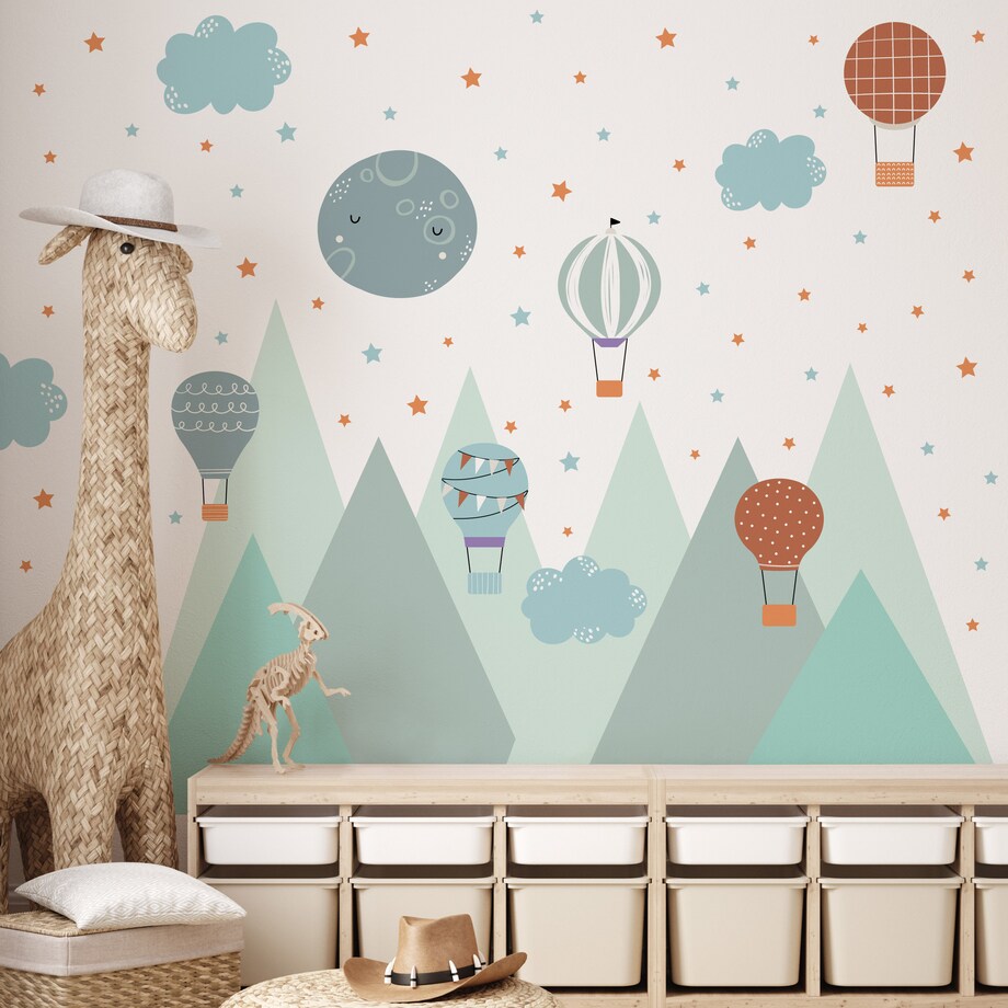 NAKLEJKI ŚCIENNE DLA DZIECI MIĘTOWE GÓRY GWIAZDKI CHMURKI BALONY ZESTAW