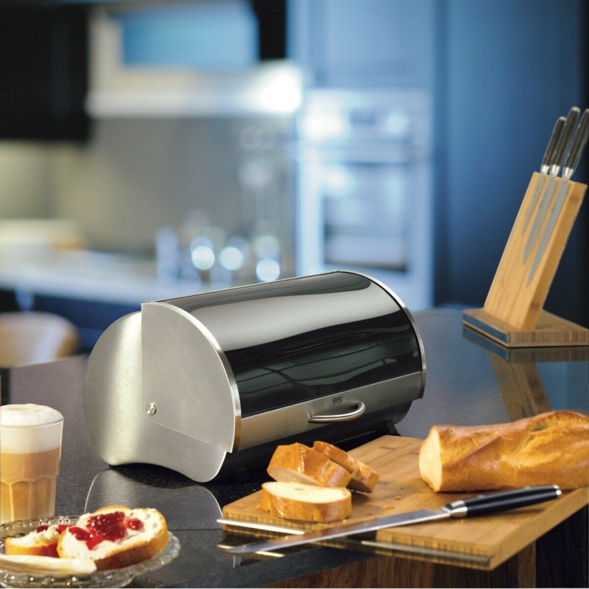 Chlebak w kształcie nerki, pojemnik na pieczywo ze szkła i stali z antypoślizgowymi nóżkami