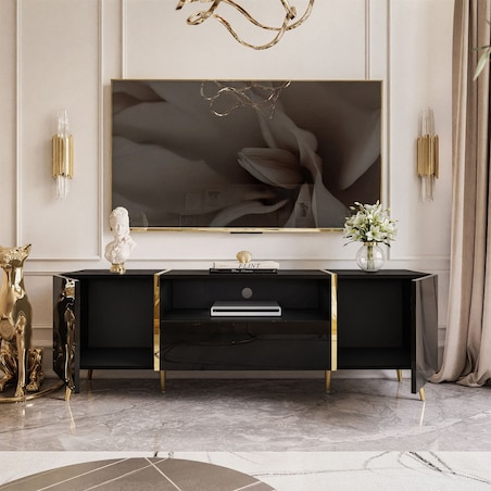 Szafka RTV ONYX na złotych nóżkach wysoki połysk 158 cm, czarny połysk, push-to-open