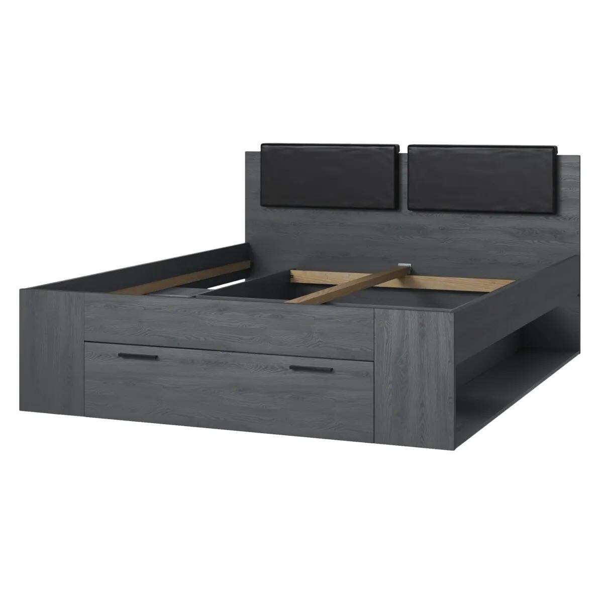 Łóżko GALAXY 160x200 dąb carbon z szufladą i tapicerowanym zagłowiem