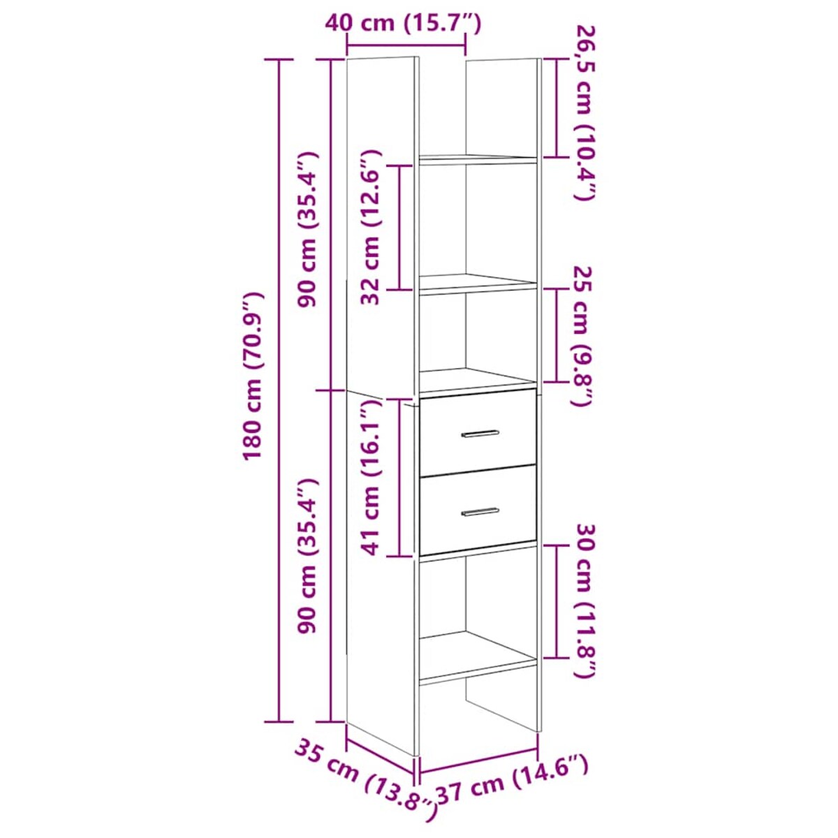 vidaXL Regał na książki, biały, 40x35x180 cm, materiał drewnopochodny