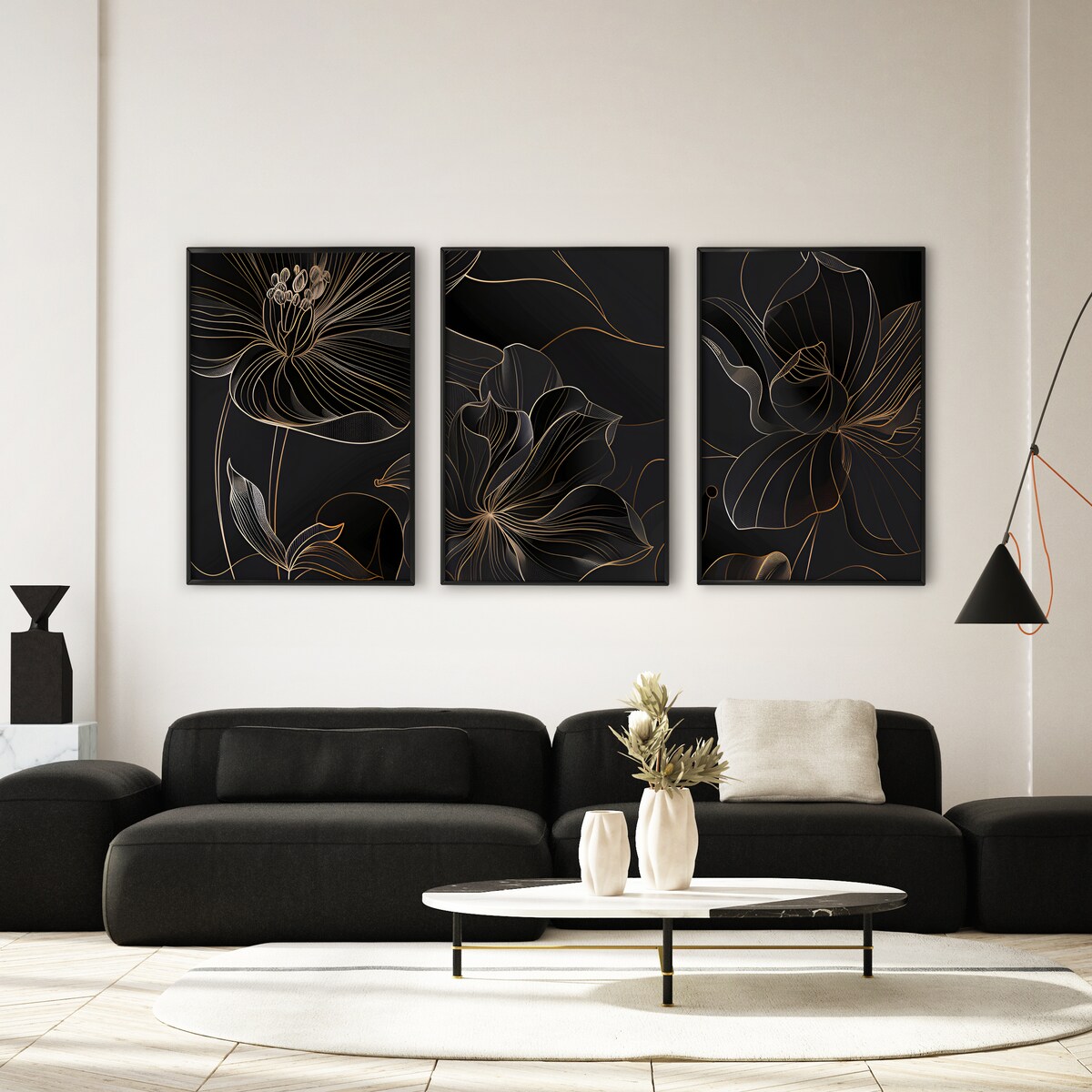 ZESTAW 3X PLAKAT W RAMIE KWIATY STYL LINE-ART STYL GLAMOUR DO SALONU 60x80cm