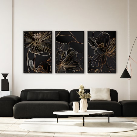 ZESTAW 3X PLAKAT W RAMIE KWIATY STYL LINE-ART STYL GLAMOUR DO SALONU 60x80cm