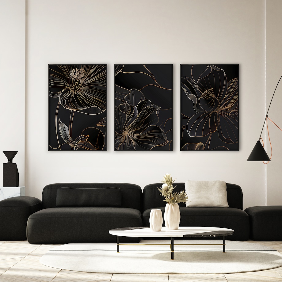 ZESTAW 3X PLAKAT W RAMIE KWIATY STYL LINE-ART STYL GLAMOUR DO SALONU 60x80cm