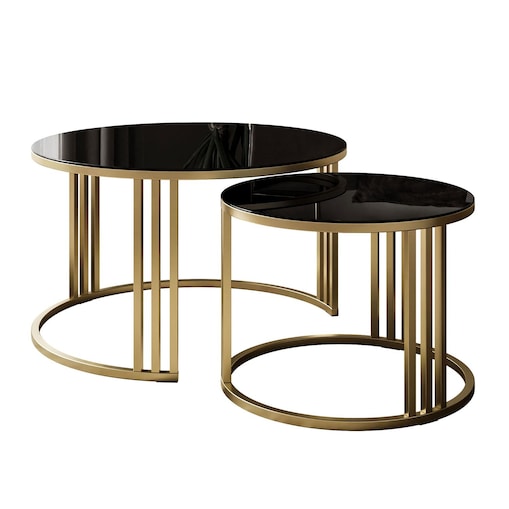 Okrągły stolik kawowy 2w1 LORI GLASS złoto szczotkowane, blat czarne szkło