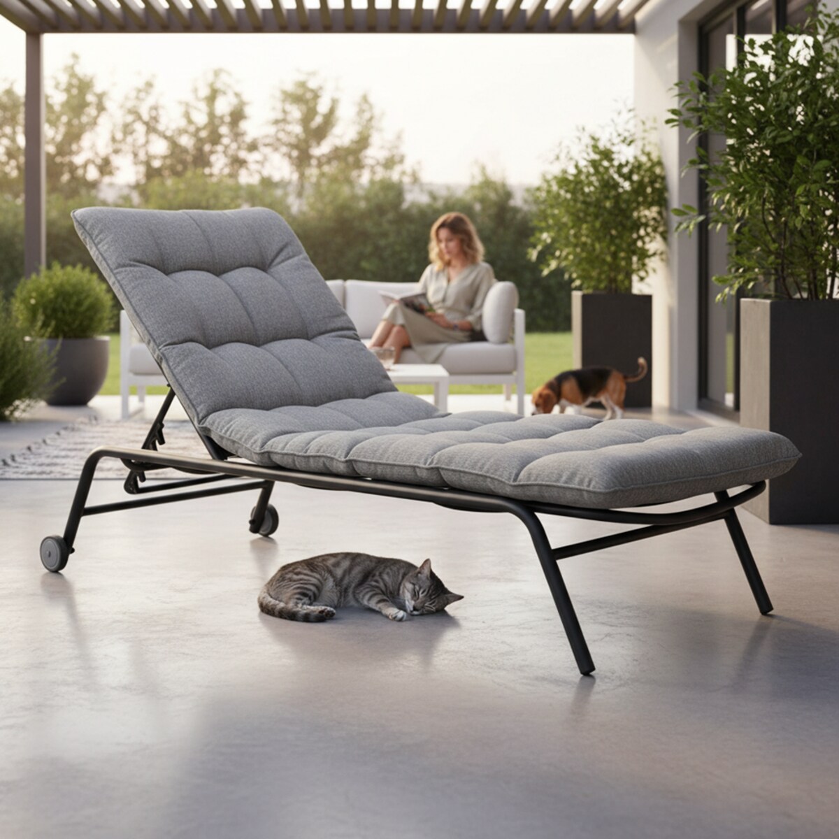 Leżak VIBE Ogrodowy z Poduszką Stalowy Regulacja Czarny Szary