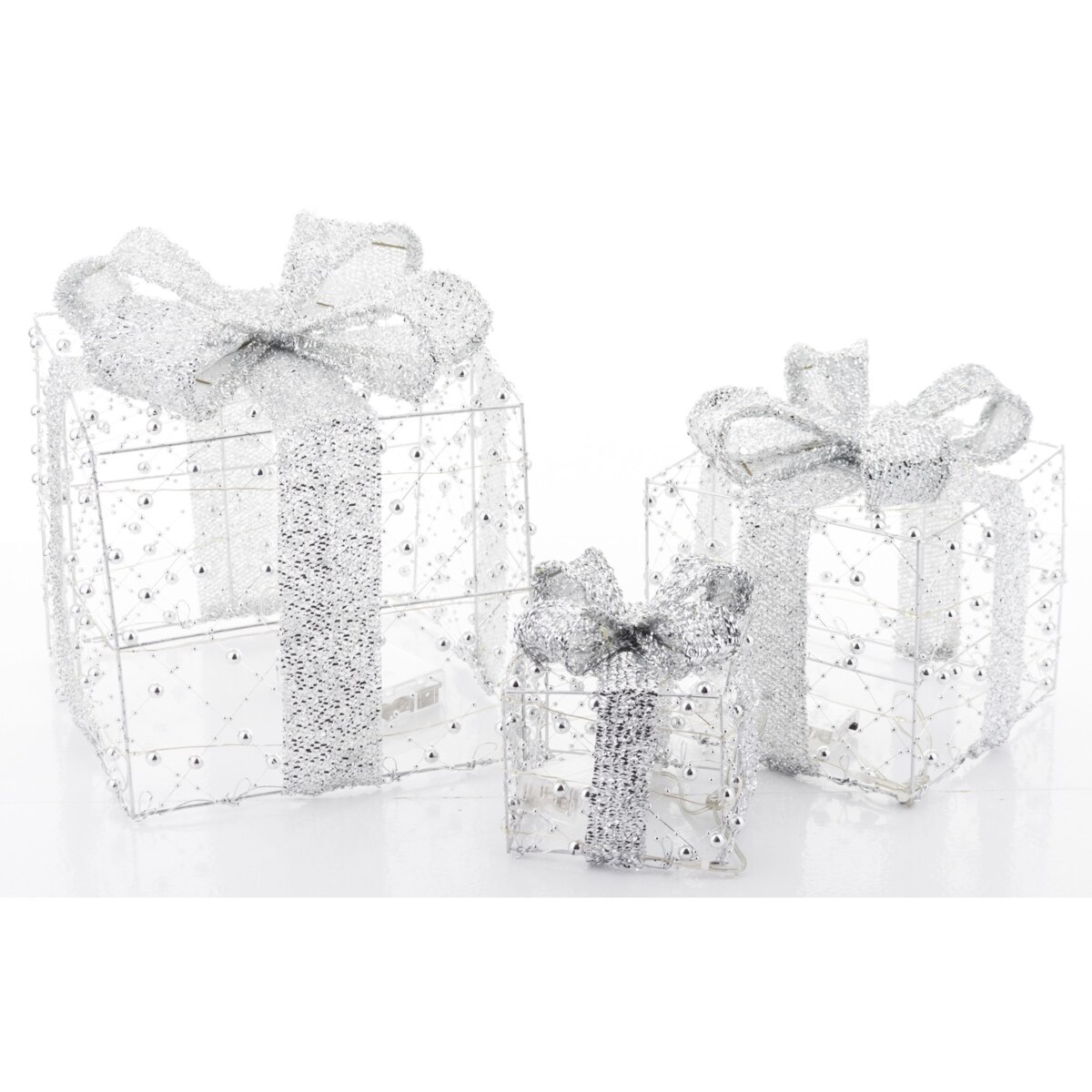 Dekoracja pudełka 3 szt. świecące LED 23x20x20 i 18x15x15 i 13x10x10 cm GABISO srebrny