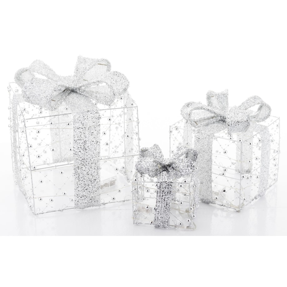 Dekoracja pudełka 3 szt. świecące LED 23x20x20 i 18x15x15 i 13x10x10 cm GABISO srebrny