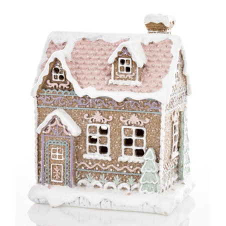 Domek piernikowy LED 15x12,5x9,5 cm z różowym dachem