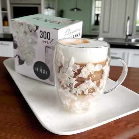Szklanka termiczna z białymi kwiatami w środku, hortensje 300ml 1szt - SZK185
