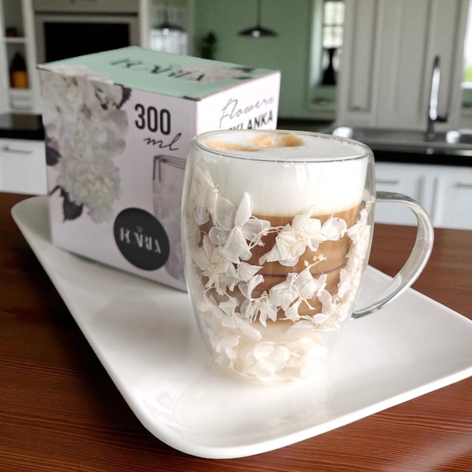 Szklanka termiczna z białymi kwiatami w środku, hortensje 300ml 1szt - SZK185