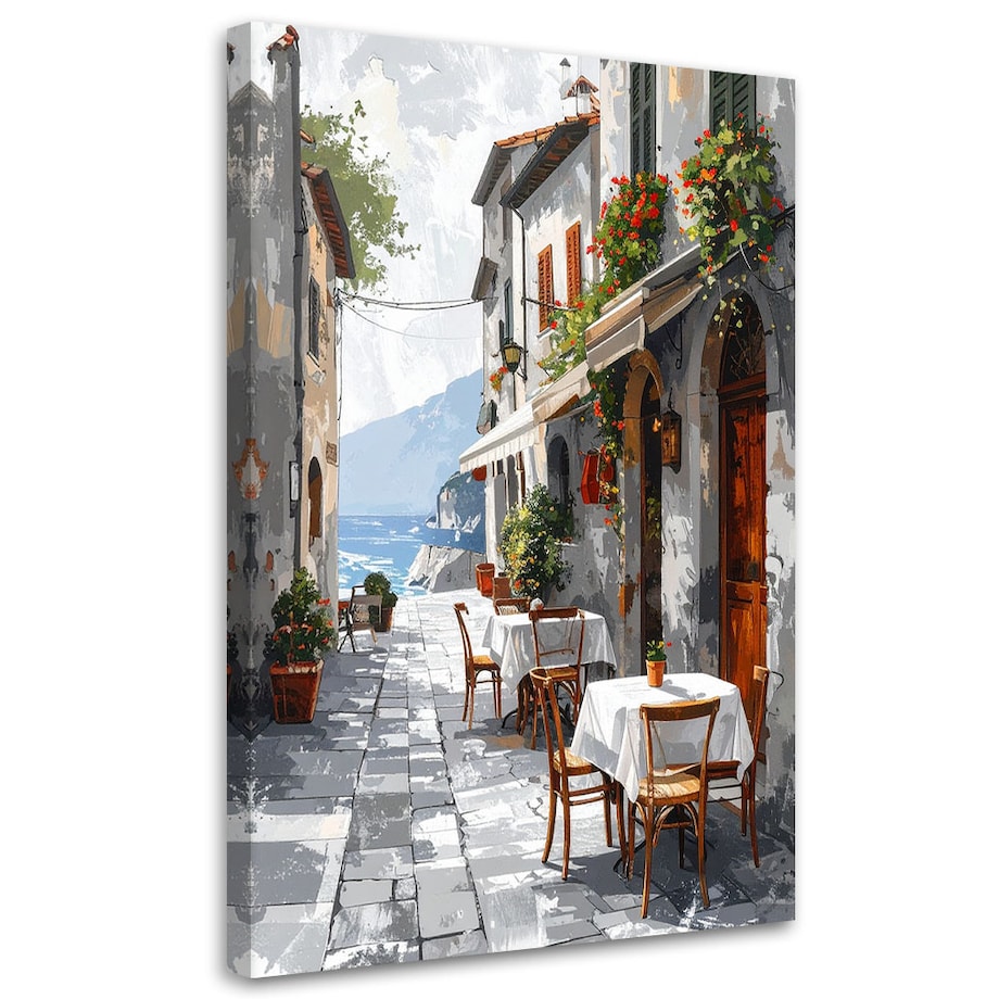 Obraz do salonu restauracji jadalni biura hotelu,Włoska kawiarnia z widokiem na morze i góry 70x100 cm