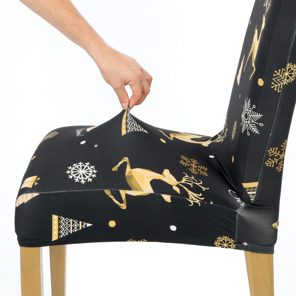 POKROWIEC NA KRZESŁO CZARNY ŚWIĄTECZNE WZORY ELASTYCZNY [21DP1]