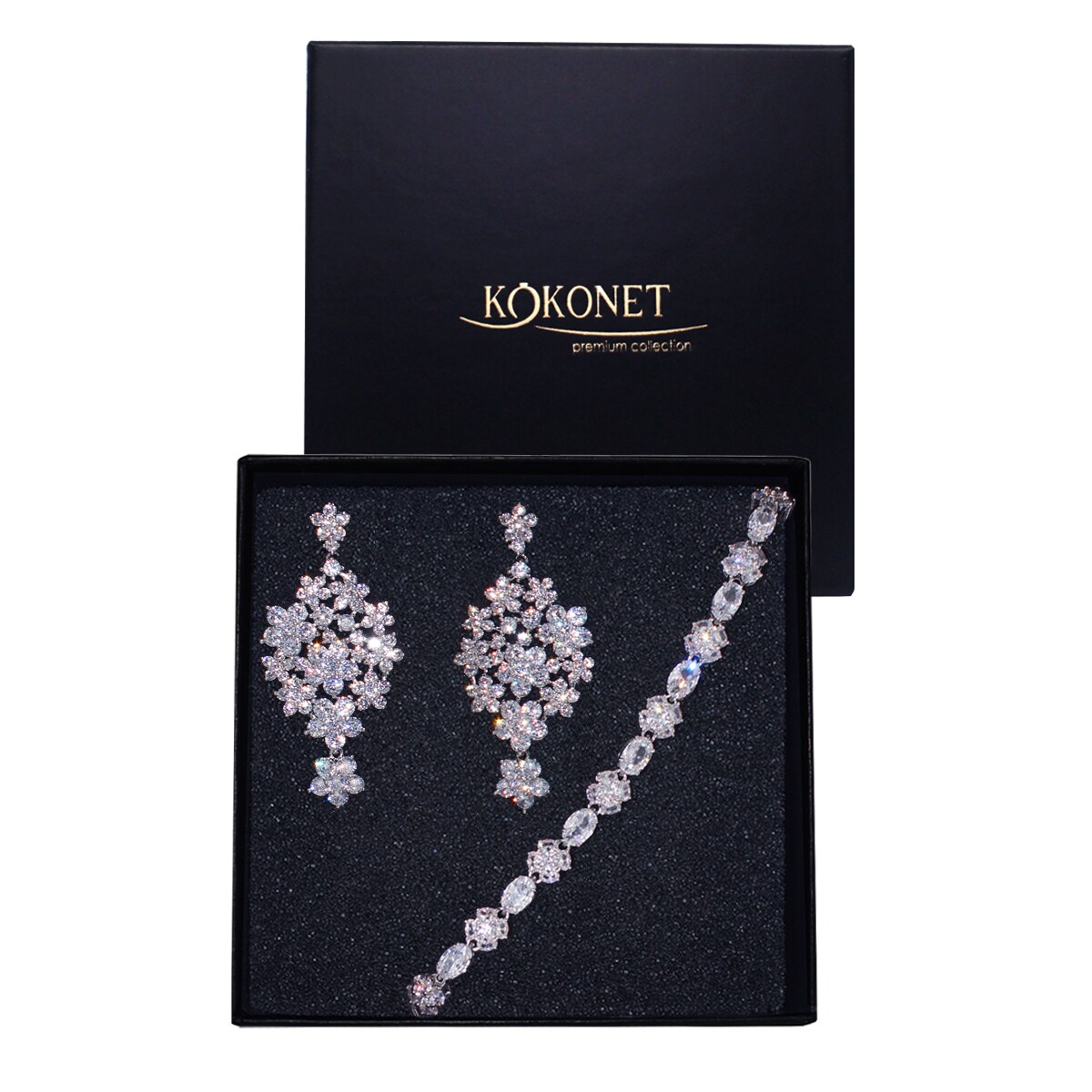 Efektowny komplet ślubny 2 elementy kolczyki bransoletka zestaw kwiatowy