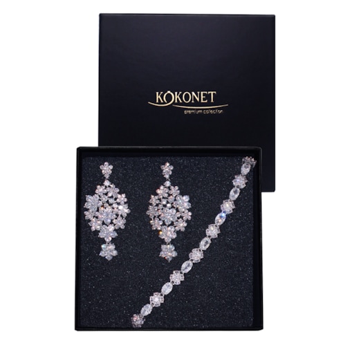 Efektowny komplet ślubny 2 elementy kolczyki bransoletka zestaw kwiatowy