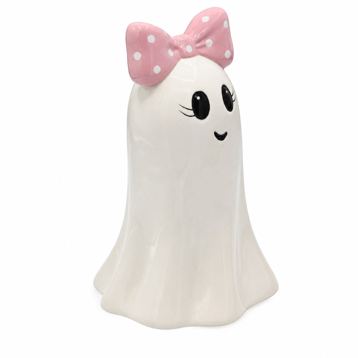 Dekoracja - Figurka pani duch 16,6x11x10,8 cm BOO-2 z różową kokardą w białe kropki
