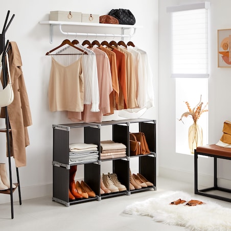 Regał Modułowy 105X30X105 Cm Czarna Tkanina, Szare Łączniki, Czarne Rurki