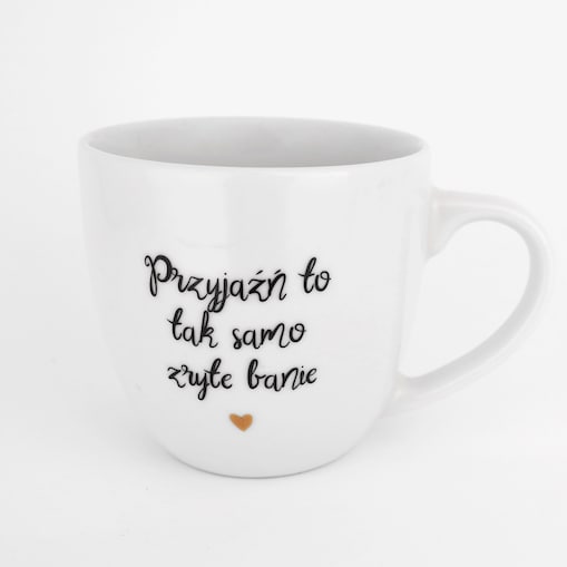 Biały Kubek Porcelanowy 300 ml - Motyw Złotego Serca i Napis Przyjaźń To Tak Samo Zryte Banie dla Najlepszej Przyjaciółki na Urodziny