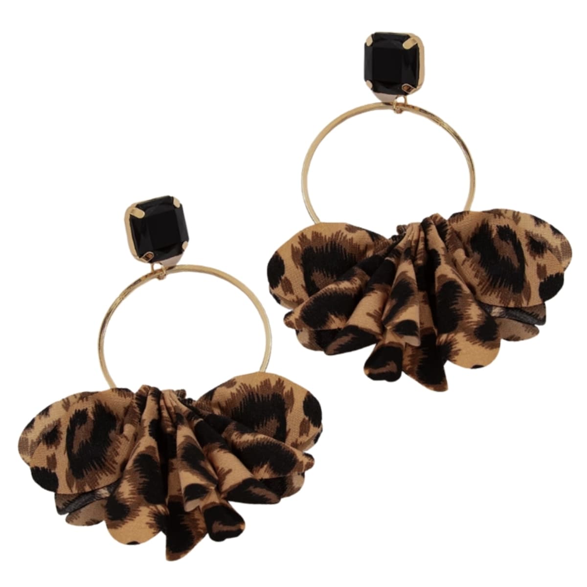 Złote kolczyki WISZĄCE koła z materiałową panterką brązową czarne szyfon