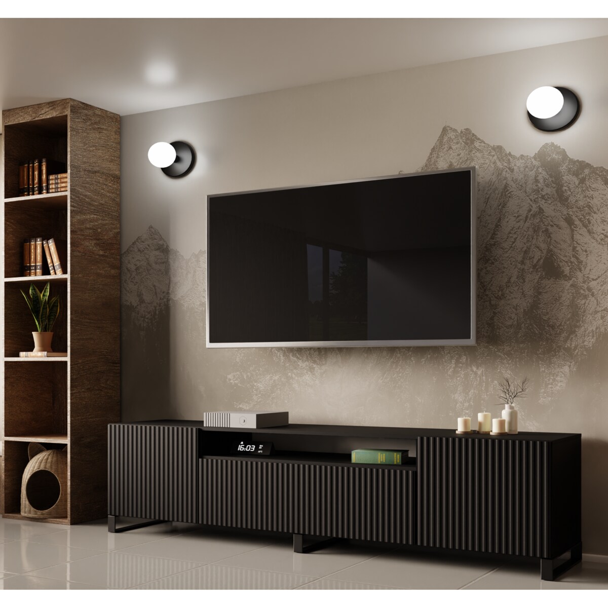 Stojąca szafka RTV NOELI pod telewizor, z ryflowanym frontem - czarna