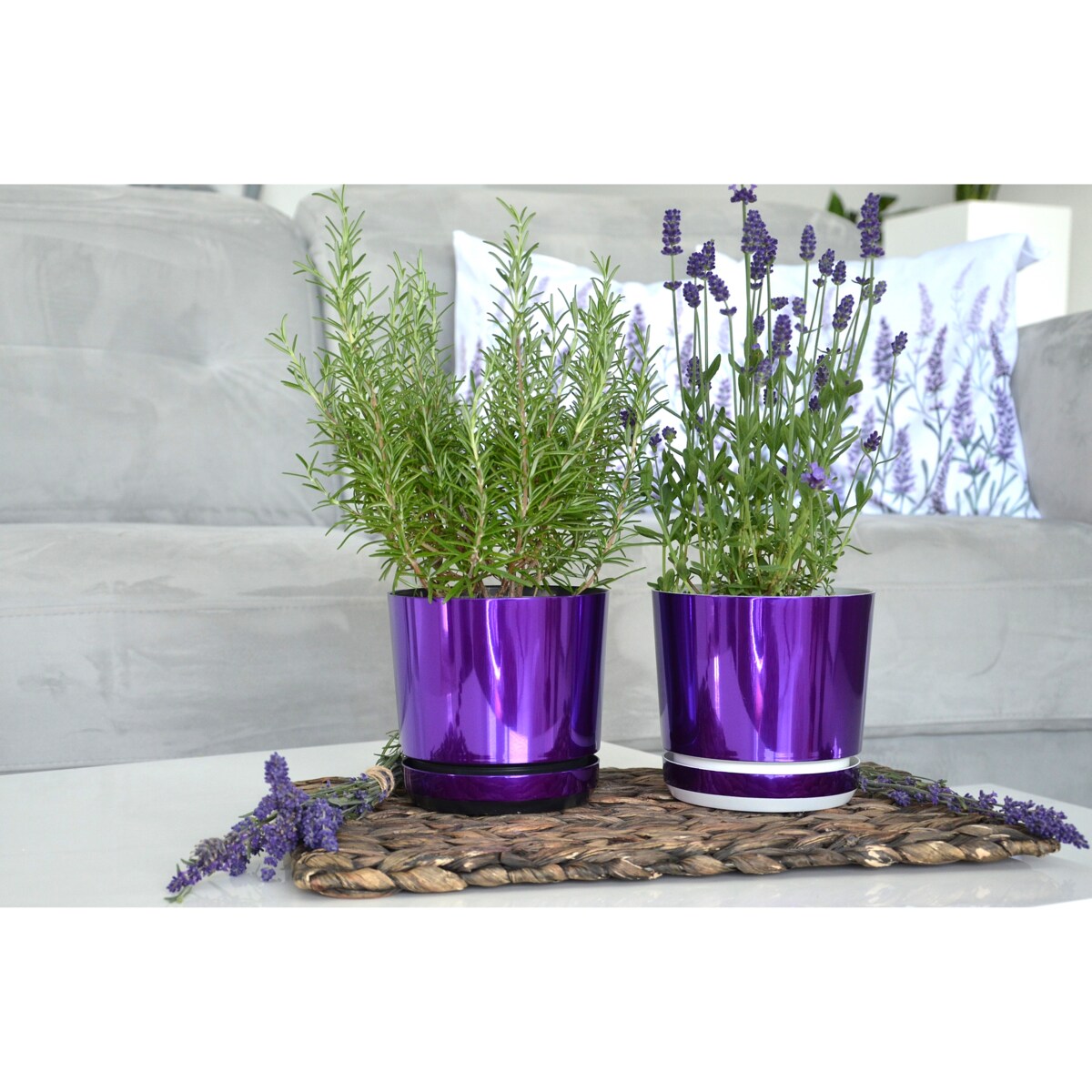 32 cm wzór FIOLETOWA LAWENDA Doniczka z podstawką wysoki połysk metaliczna wrzosy krokusy storczyk orchidea duża szeroka donica