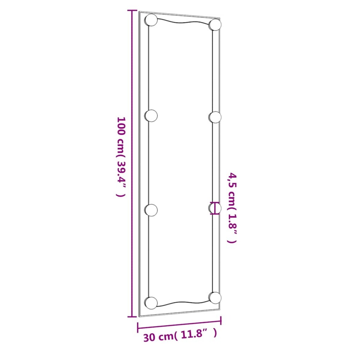 vidaXL Lustro ścienne z LED, 30x100 cm, szklane, prostokątne