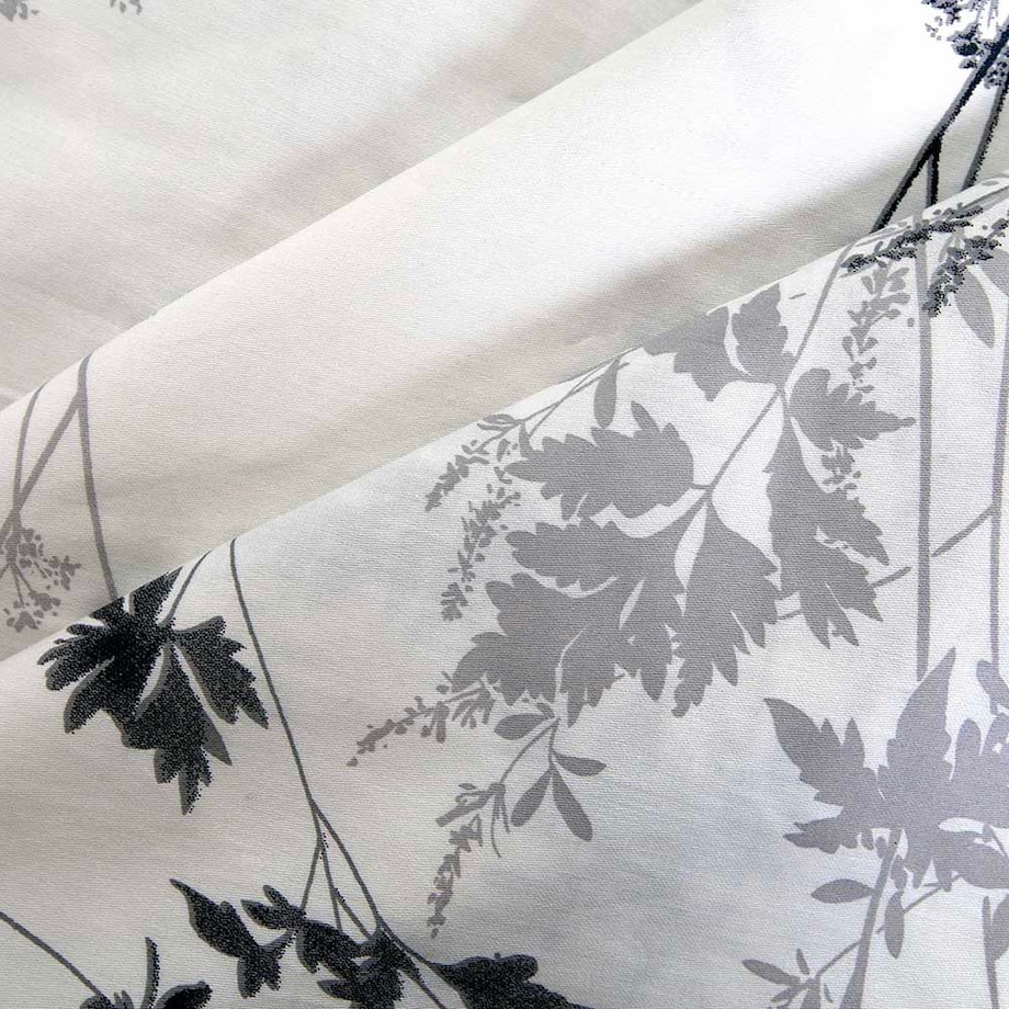 Pościel satyna bawełniana 180x200 Noira biała z czarnym i szarym botanicznym wzorem, Satynlove