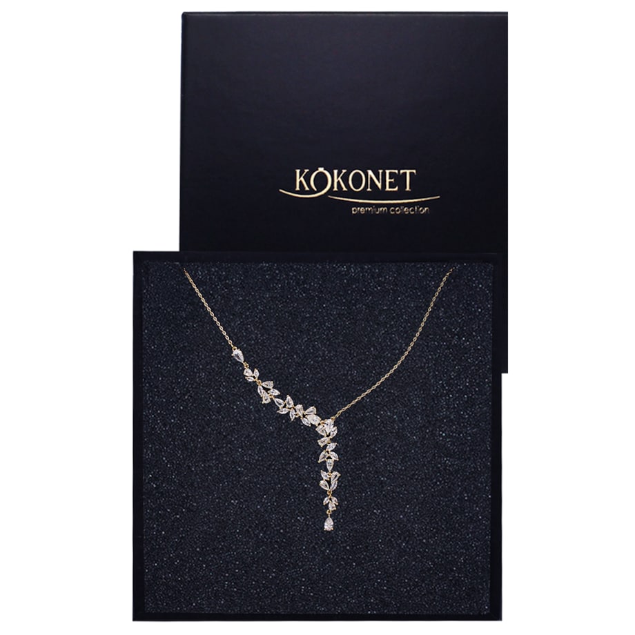 naszyjnik asymetryczny złoty elegancki ŚLUBNY kryształki listki boho GLAM