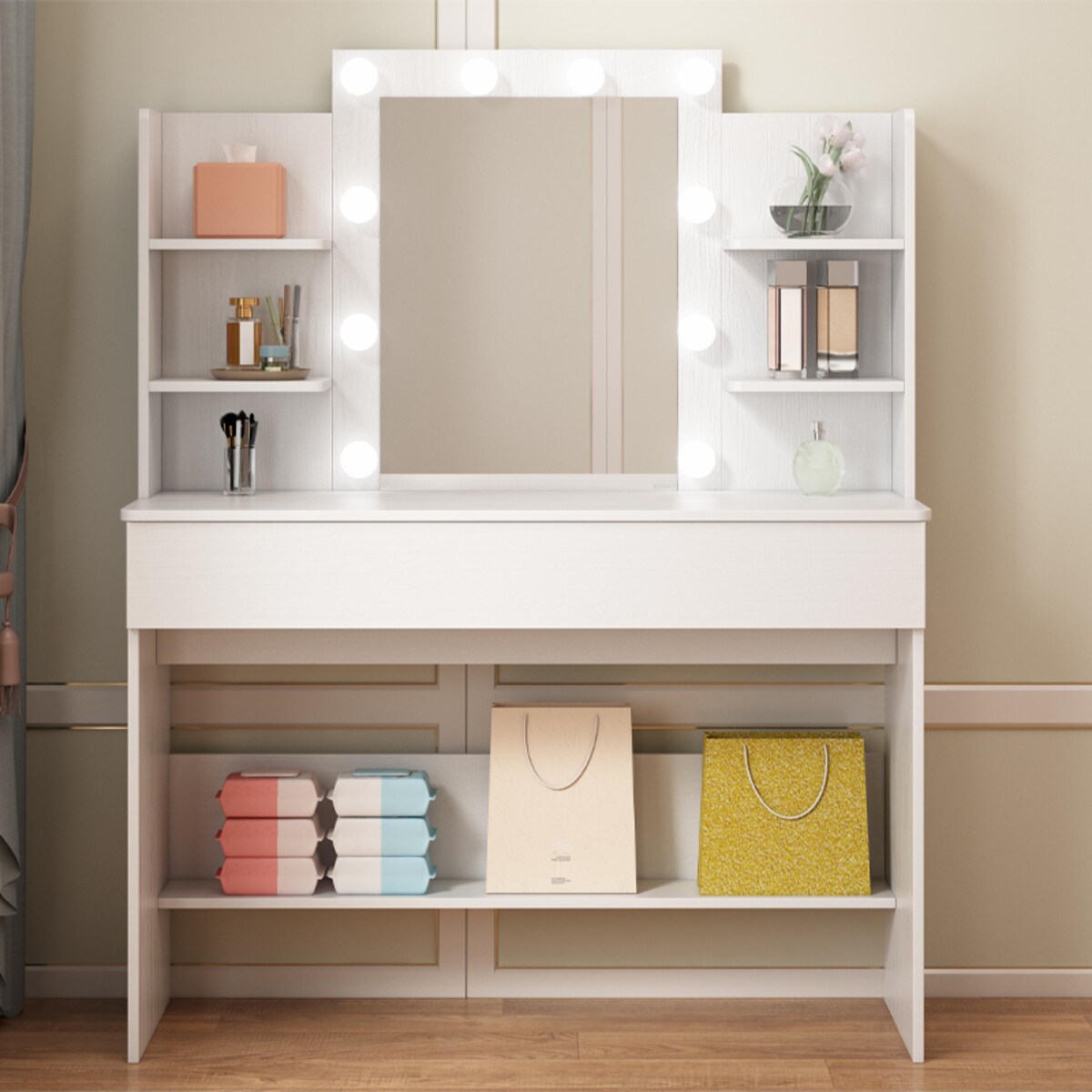 TOALETKA KOSMETYCZNA MAKIJAŻU WIZAŻU Z LUSTREM LED NOWOCZESNA LOFT 110 CM