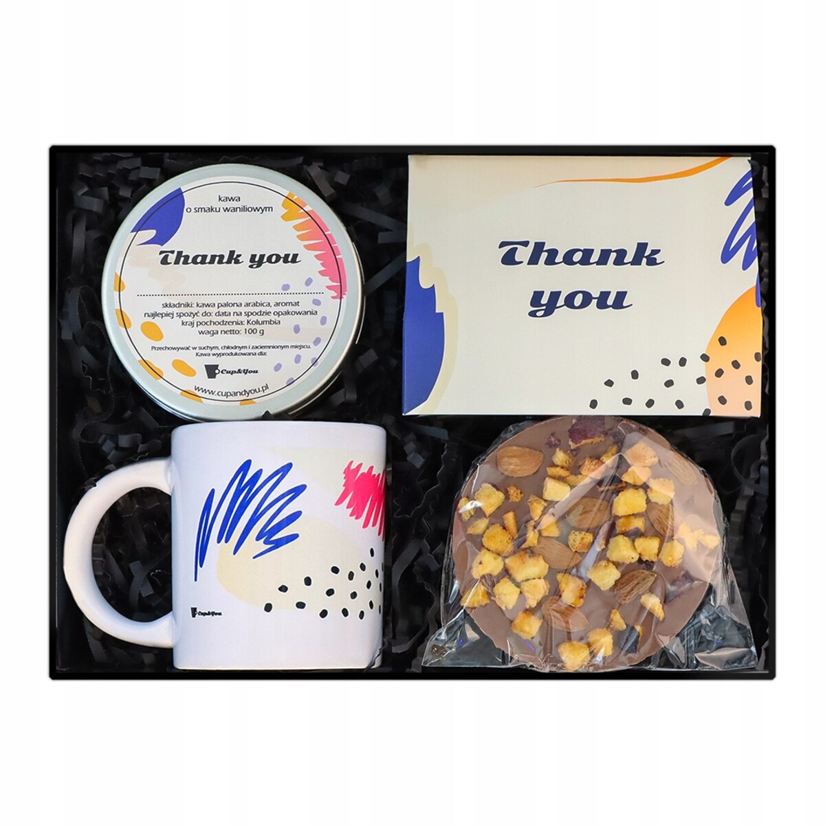 Zestaw prezentowy box "THANK YOU" z kawami smakowymi kubkiem i czekoladą z bakaliami - podziękowanie prezent upominek dla kobiety faceta niej niego