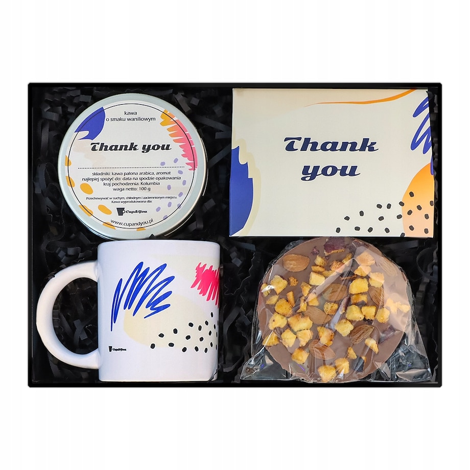 Zestaw prezentowy box "THANK YOU" z kawami smakowymi kubkiem i czekoladą z bakaliami - podziękowanie prezent upominek dla kobiety faceta niej niego