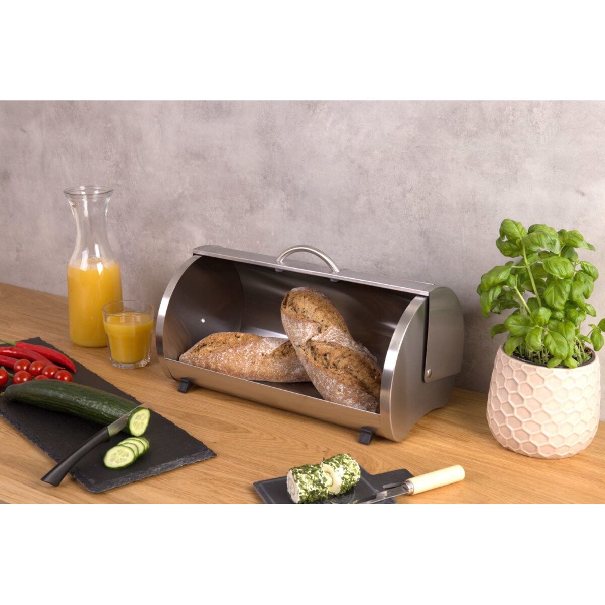 Chlebak w kształcie nerki, pojemnik na pieczywo ze szkła i stali z antypoślizgowymi nóżkami