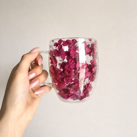 Szklanka termiczna z kwiatami w środku 300ml 1szt, pełna hortensji, burgund bordo SZK218