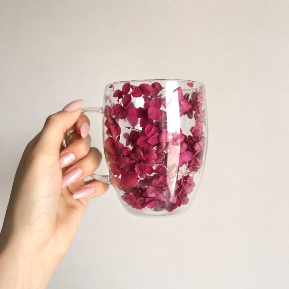 Szklanka termiczna z kwiatami w środku 300ml 1szt, pełna hortensji, burgund bordo SZK218
